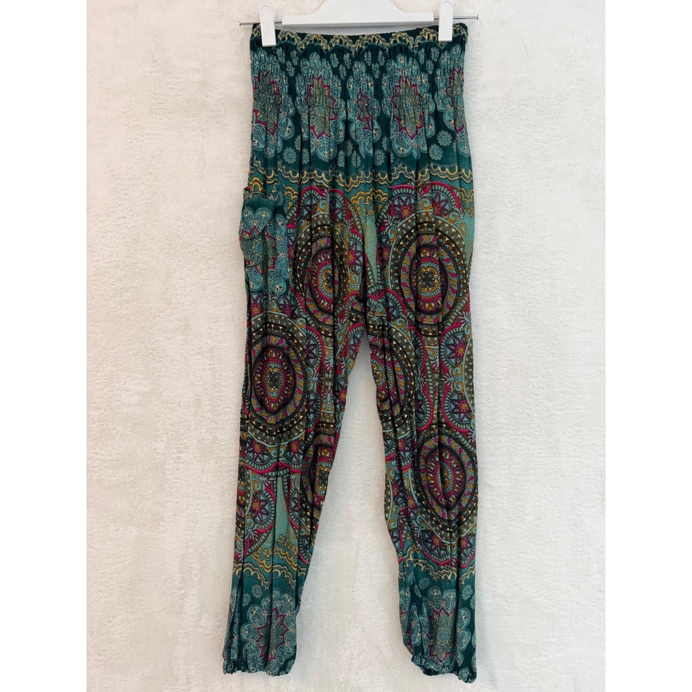 Jala Jala Harem Pants Teal Mandala Boho Smocked Waist Joggers Womens SM